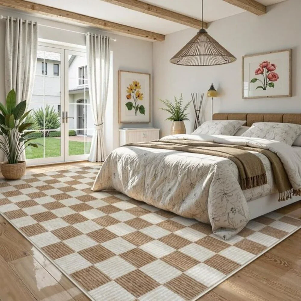 New 6x9 Brown Checkered Area Rug, Washable Non-Slip Soft Carpet for Home & Room